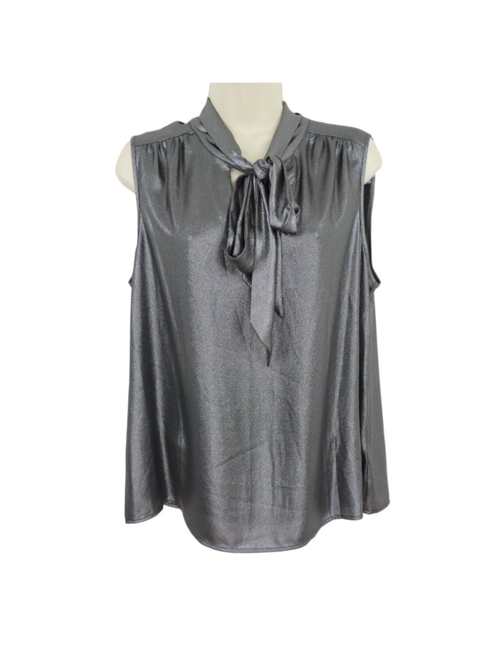 Calvin Klein Womens Large Metallic Silver Gray Sleeveless Neck Tie Shirt Blouse